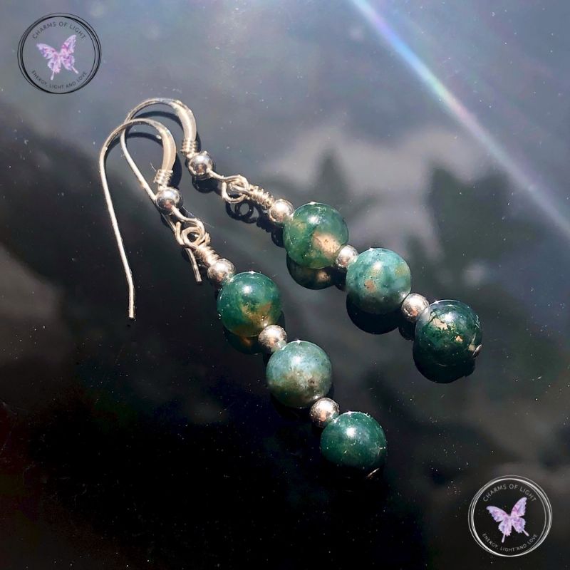 Moss Agate Silver Bead Earrings